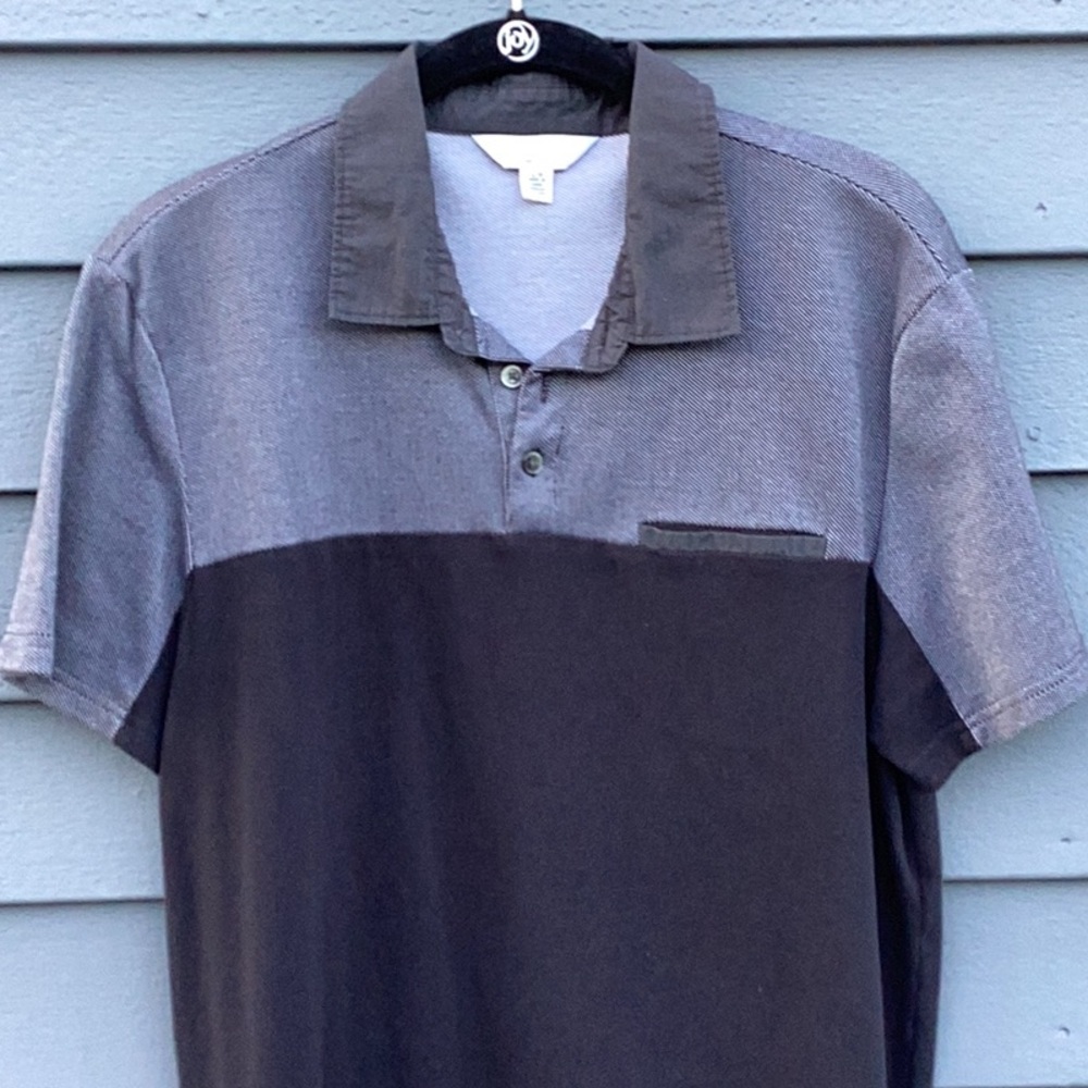Calvin Klein Black and Gray Cotton Polo Shirt Large